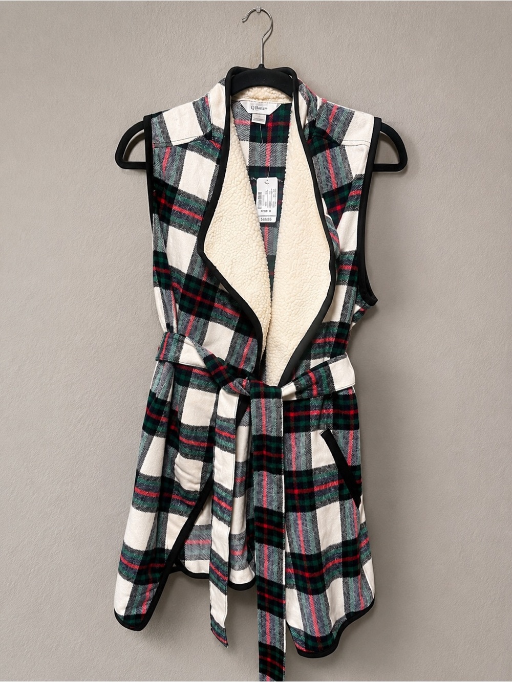 CJ Banks White Plaid Sherpa-Lined Belted Vest with Green and Red Accents